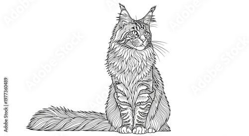 Majestic Maine Coon Cat Drawing, Elegant Feline Sketch, Detailed Line Art Illustration