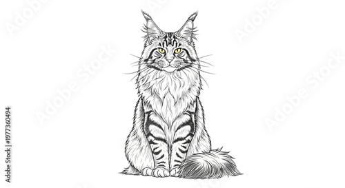 Majestic Maine Coon Cat Portrait, Pencil Sketch, Elegant Feline, White Background