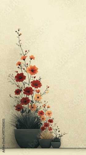 Elegant Minimalist Floral Arrangement in Planters Against Textured Beige Wall for Modern Home Decor