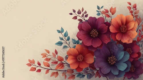 Elegant Watercolor Floral Illustration with Vibrant Flowers and Leaves on Neutral Background for Artistic Decor