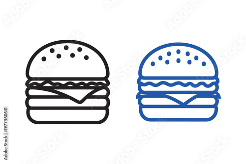 Two hamburger icons black outline and blue filled versions for food and restaurant graphics