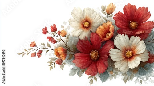 Elegant Floral Watercolor Arrangement with Red and Orange Blossoms on White Background for Home Decor and Art Prints