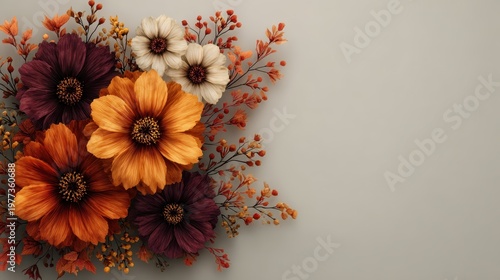 Vibrant Autumn Floral Arrangement with Orange and Purple Cosmos on Minimalist Beige Background for Seasonal Decor