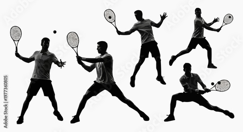 Silhouette of tennis player in motion hitting a ball against white background, sport concept 