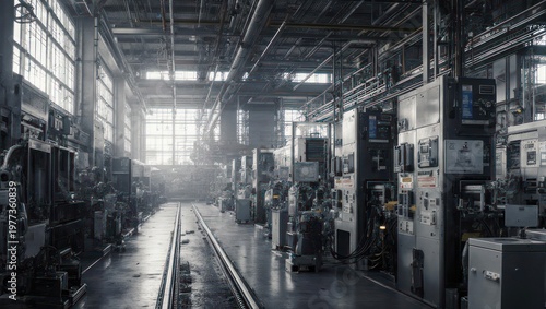 Industrial interior of a large manufacturing facility, with machinery and overhead pipes