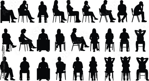 Individuals sitting in various poses, commonly used for meditation, relaxation, yoga silhouettes. Men sitting in various poses, both with and without chairs. Men sitting, leaning, resting on chair