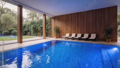 Indoor swimming pool with a view, wooden accents, and lounge chairs. Exterior greenery visible