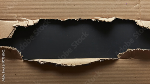 Torn hole in brown cardboard box with dark background and rough edges