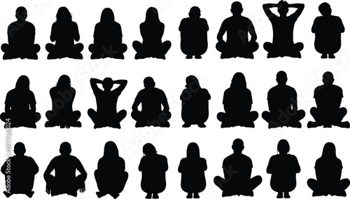 Individuals sitting in various poses, commonly used for meditation, relaxation, yoga silhouettes. Men sitting in various poses, both with and without chairs. Men sitting, leaning, resting on chair