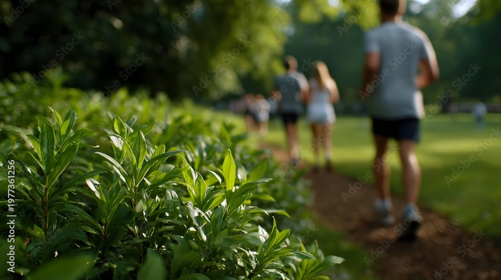 Fototapeta premium People exercise or walk along a natural path surrounded by vibrant lush green foliage in a bright outdoor park setting