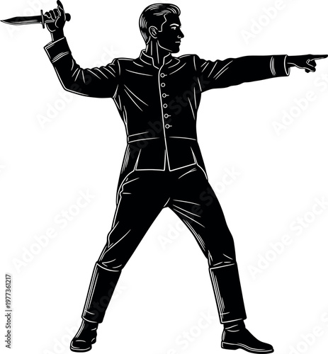 Vintage illustration of a steampunk gunslinger in a dramatic pose with dual pistols