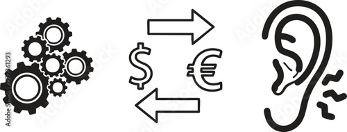 Currency exchange, gear mechanism, and ear icons, symbolizing financial translation and global communication