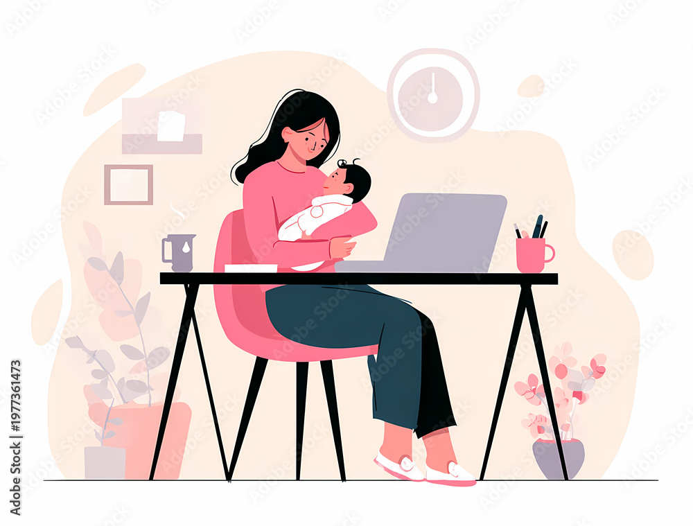 Fototapeta premium Ilustración plana de una nómada digital: diversidad femenina equilibrando trabajo y bienestar en la naturaleza, teletrabajo, trabajo remoto
