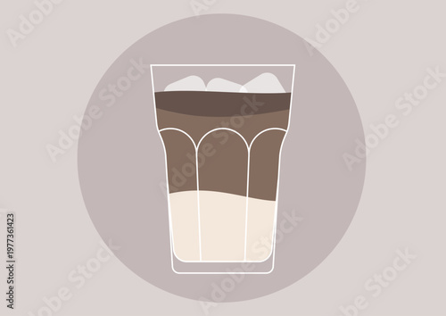 A glass filled with hojicha tea sits perfectly layered, revealing the deep brown of the tea and the creamy white of milk, Chilled ice cubes create a tempting visual on a soft backdrop