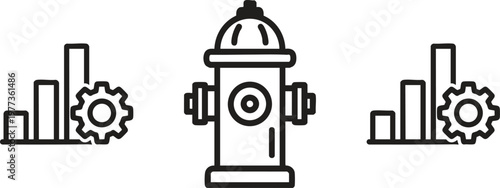 Industrial icons, gear mechanisms, bar graphs, fire hydrant, business infographics, industrial symbols