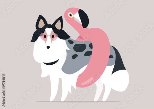 A playful sheltie stands cheerfully while a vibrant flamingo float wraps around its body, The warmth of the sunny day enhances the joyful scene, bringing smiles and delight.