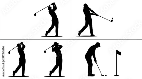 Golf Player Silhouette Vector Set – Man Swinging in Dynamic Poses