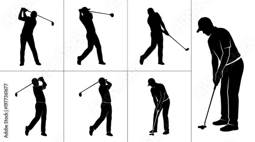 Golf Player Silhouette Vector Set – Man Swinging in Dynamic Poses