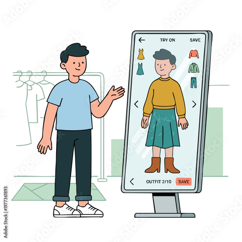 Man Interacting with Virtual Fashion Try On Screen.