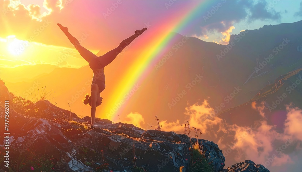 Obraz premium Silhouette of person doing handstand on mountain under a rainbow