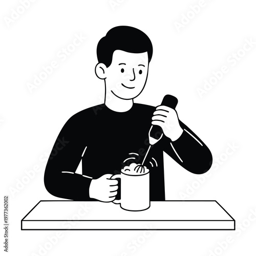 Man making a frothy drink with an electric whisk.