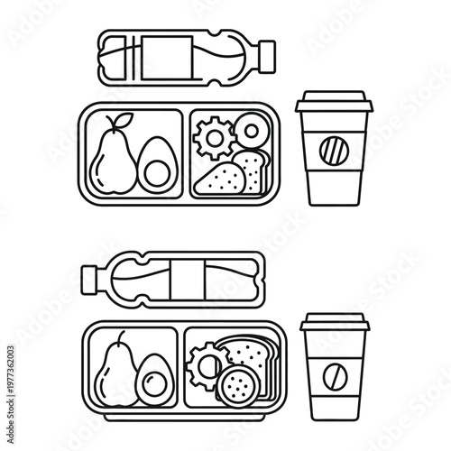 Healthy bento box lunch with fruits snacks and beverages black and white illustration