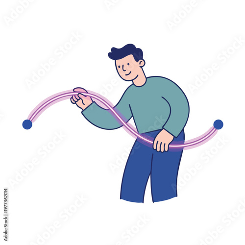 Man manipulating a glowing curved line with precision.