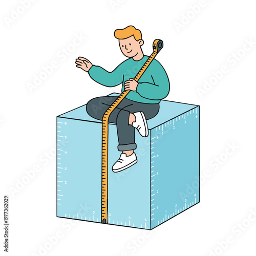 Man Measuring Large Cube with Tape Measure Sitting on Top.