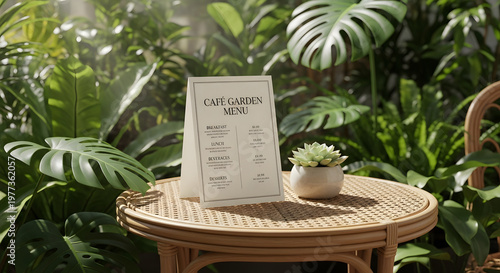 Cafe tent style menu mockup is positioned on woven rattan table with lush plants creating sunny garden mood inviting
