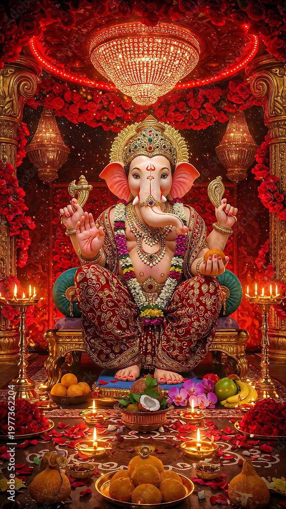 Fototapeta premium Vibrant depiction of Lord Ganesha idol adorned with flowers and offerings, surrounded by glowing diyas and a grand chandelier in a festive temple setting.