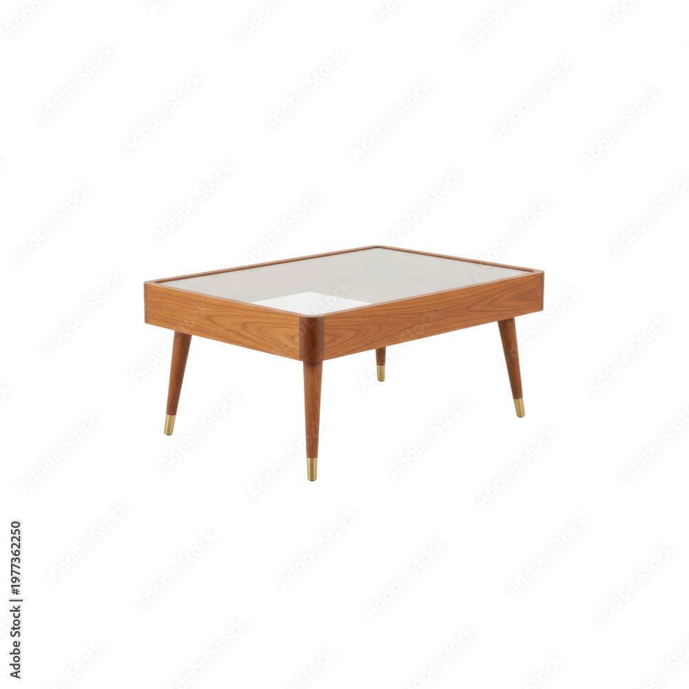 Fototapeta premium A flawless mid-century modern coffee table with walnut wood frame, brass-tipped tapered legs, and a clear reflective glass top, isolated on a seamless transparent background, concept of retro interior