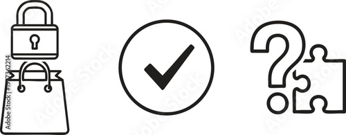 Security, protection, and uncertainty icons, lock, checkmark, puzzle, question mark