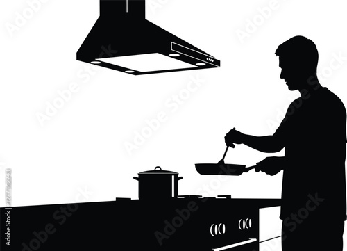 Man cooking in kitchen silhouette, home cooking and food preparation concept, culinary activity and lifestyle, chef preparing meal isolated on white background illustration