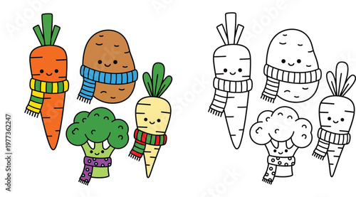 Kawaii Cartoon Winter Vegetables Wearing Scarves Coloring Book Page for Kids Cute Carrot Potato Broccoli Parsnip Vector Illustration