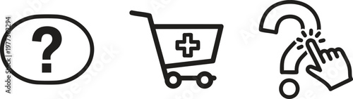 Ecommerce, shopping, question, help icons, line style, black, illustration, 3 symbols, vector graphics