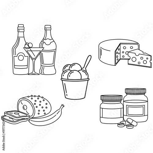 Sketch of various food items ice cream fruit beverages and preserves