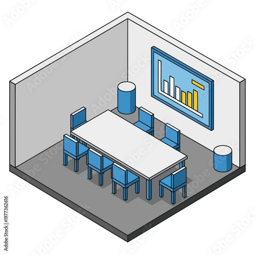 Isometric Conference Room Illustration with Graph and Seating.