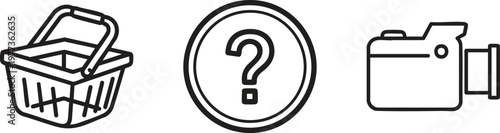 Shopping basket, question mark icon, camera symbol, line art graphics, 3 simple vector illustrations, black and white icons