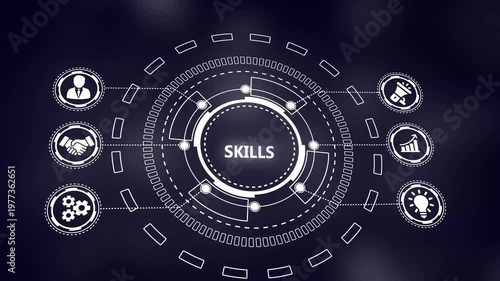 Futuristic Digital Network Diagram Illustrating Core Concepts with Icons and Text technology abstract
