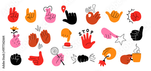 Hand cartoon set of diverse gestures vector illustration. Icons design of peace sign, heart, thumbs up, stop. Flat graphic for communication, stickers, hands elements isolated on white background
