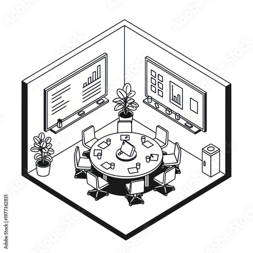 Isometric View of a Modern Conference Room with Round Table.