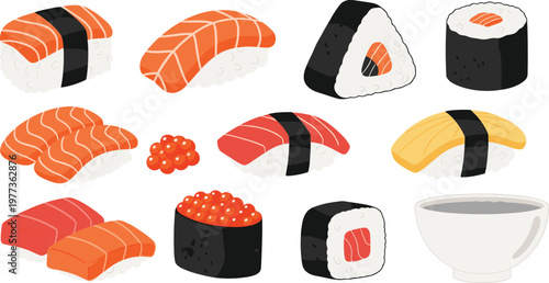 Assorted sushi collection with nigiri maki rolls salmon tuna and roe minimalist flat vector illustration isolated on white background