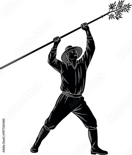 Vintage illustration of a farm worker with rake black and white engraving style