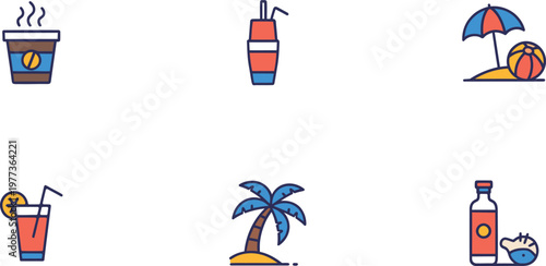 Colorful summer vacation icons beach essentials and refreshing drinks for a relaxing getaway