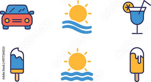 Summer vacation icons car sun beach drink and frozen treats illustration