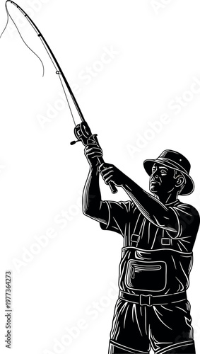 Silhouette of a fisherman casting a line a black and white illustration of angling