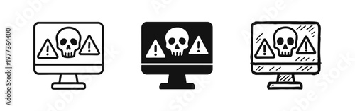 Computer virus and cyber attack icon set in outline, solid, and hand-drawn styles