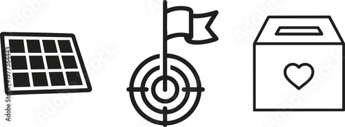 Vector icons, business strategy symbols, target achievement, donation box, solar panel
