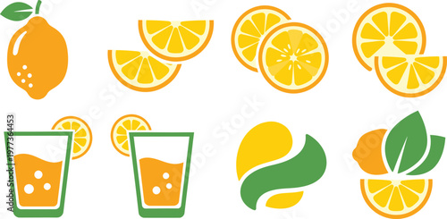 Vibrant citrus collection oranges juice and slices in a colorful cartoon illustration
