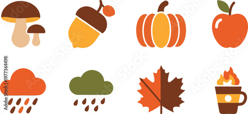 Autumn harvest icons mushrooms fruits leaves and cozy beverages for fall season